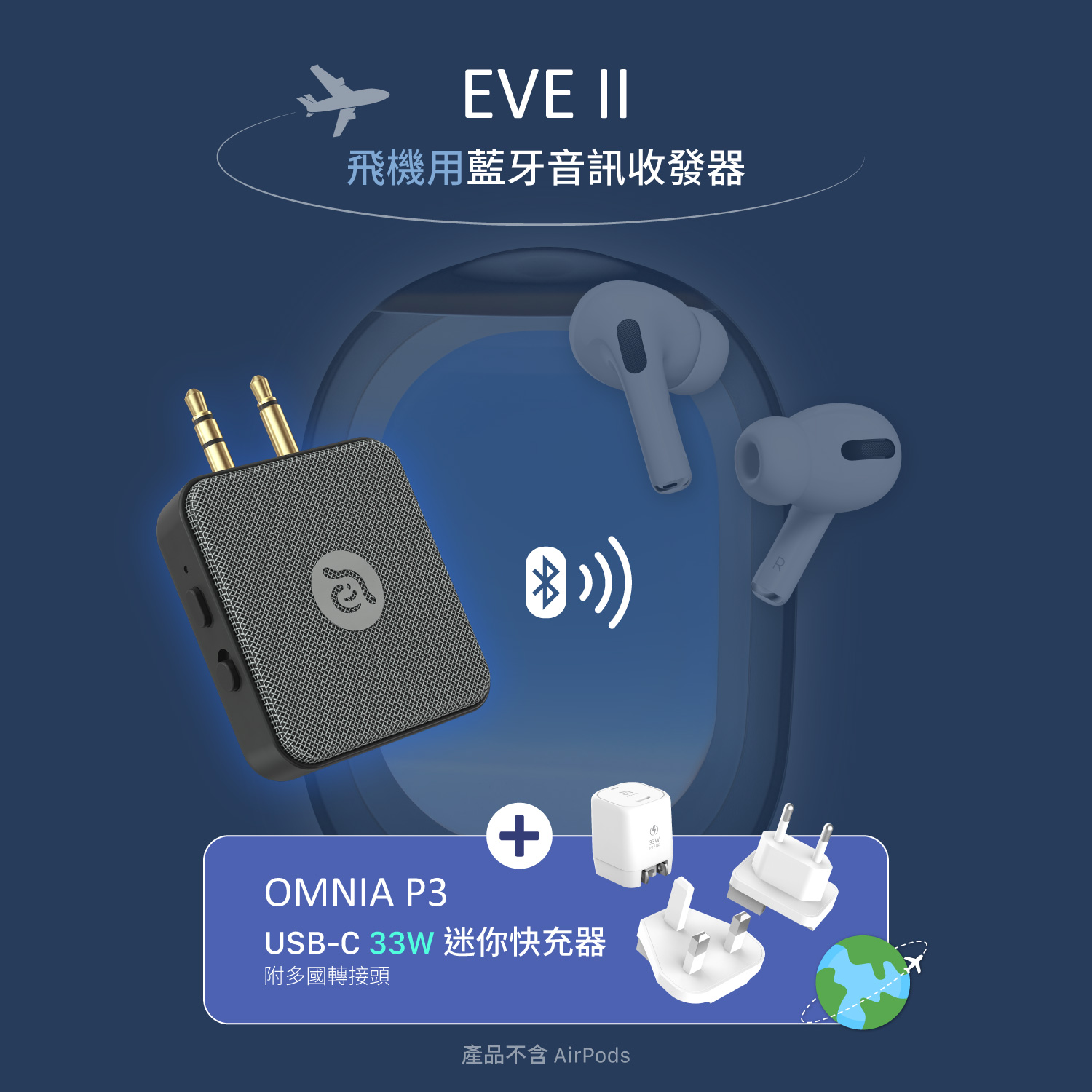 EVE II 飛機用藍牙音訊收發器_OMNIA P3 USB-C 33W迷你快充電源供應器