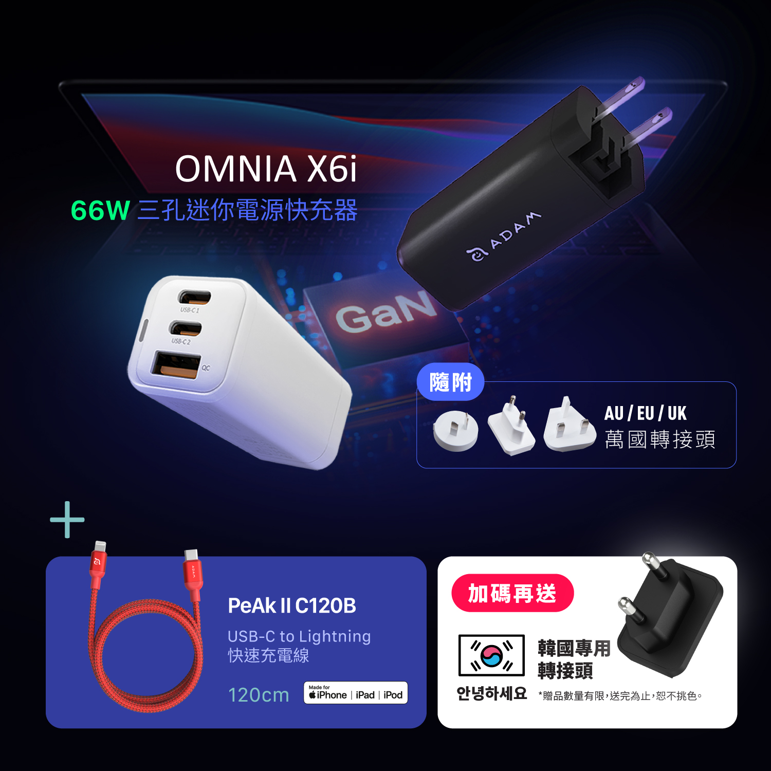 OMNIA X6i 66W USB-C 三孔迷你快速電源供應器_PeAk II C120B 金屬編織傳輸線