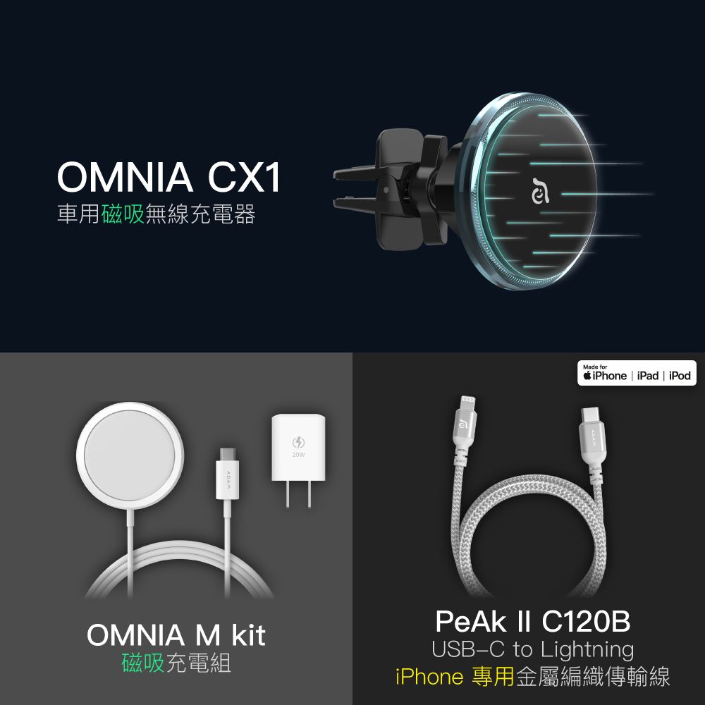 OMNIA CX1 LED炫光藍車用磁吸充電器_OMNIA M Kit磁吸充電組_PeAk II C120B 金屬編織傳輸線