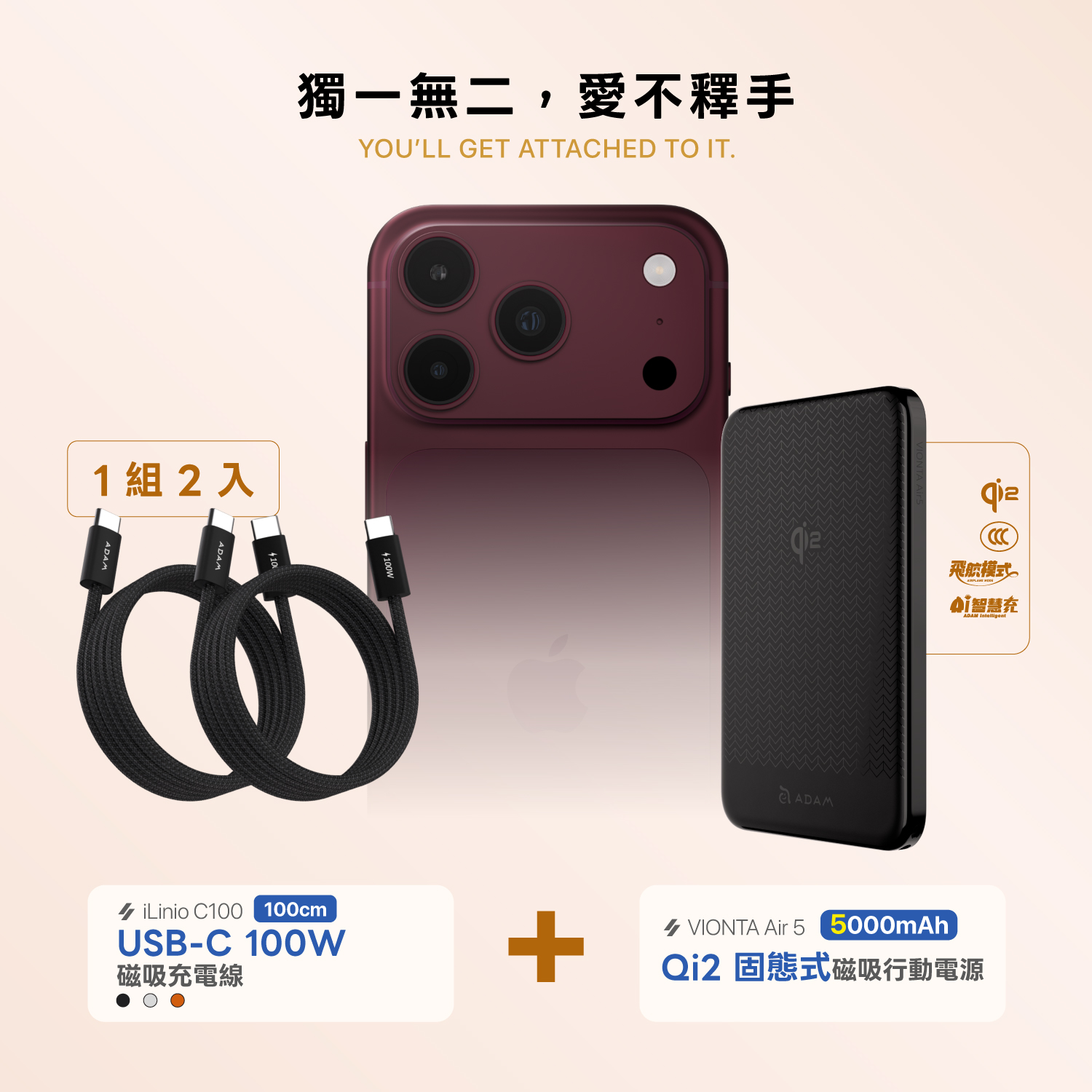 【i18官網限定組合】VIONTA Air 5 Qi2 固態式磁吸行動電源 (可上飛機/標示Wh/3C認證)_iLinio C100 USB-C 100W 磁吸充電線 (一組二入)